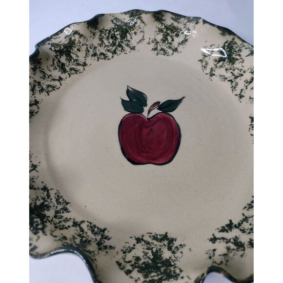 NC Piney Woods Art Pottery Apple Pie Dish Vintage Spongeware Ruffled Edge Baking - Picture 2 of 5